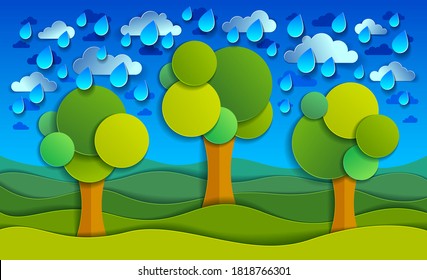 Three trees under rain in the field scenic nature landscape cartoon modern style paper cut vector illustration.
