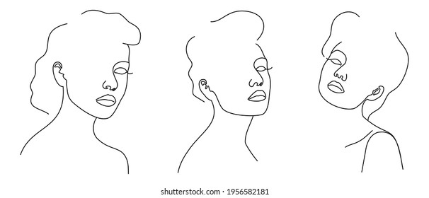 Three trendy fashion contour drawing lineart portraits of beautiful girls . Abstract face, minimalism and simplicity