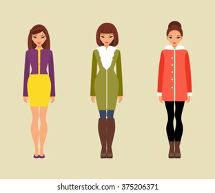 Three trendy girls in warm outer clothing