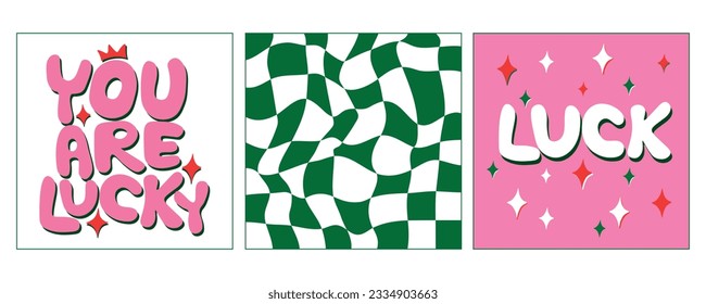 С colección de tres afiches interiores de moda. Decorativo conjunto de afiches de efecto retrógrado y2k con letras groovy. Ilustraciones vectoriales planas