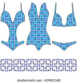Three trendy orange swimsuit with a pattern. Bikini, Swimsuit, bathing set.  Vector illustration. To fashion design, textile industry.