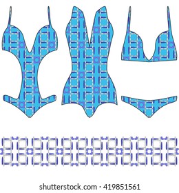 Three trendy orange swimsuit with a pattern. Bikini, Swimsuit, bathing set.  Vector illustration. To fashion design, textile industry.