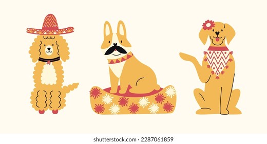 Three trendy vector illustrations of dogs in a hat with mustache and a flower