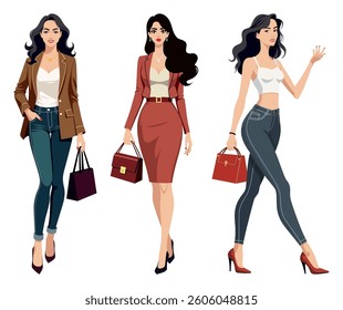 Three trendy women cartoon characters dressed stylish casual formal outfits holding handbags walking