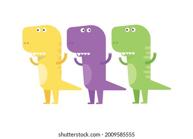 Three t-rex cartoon illustrations in three different colors, editable vector eps 10