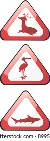 three triangle boards with deer, crane and fish	