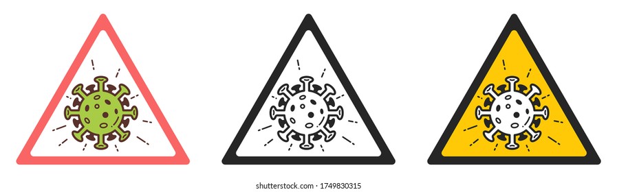 Three Triangle Signs Caution Warning Coronavirus COVID-19. Pandemic Infographic. Vector Flat Icons for Web, App, UI, Banners, Stickers, Posters, Isolated on a White Background.