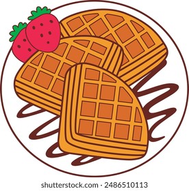 three triangle waffles with two strawberries and chocolate in the plate
