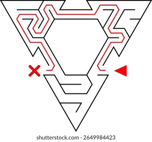 Três triângulos amarrados com passagem. Fácil nível de dificuldade triangular labirinto simbólico com solução. Quebra-cabeça de vetor preto e branco para crianças e pais.