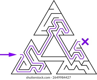 Três triângulos amarrados com passagem. Fácil nível de dificuldade triangular labirinto simbólico com solução. Quebra-cabeça de vetor preto e branco para crianças e pais.