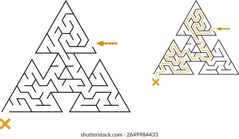 Três triângulos amarrados com passagem. Fácil nível de dificuldade triangular labirinto simbólico com solução. Quebra-cabeça de vetor preto e branco para crianças e pais.