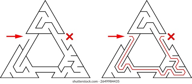Três triângulos amarrados com passagem. Fácil nível de dificuldade triangular labirinto simbólico com solução. Quebra-cabeça de vetor preto e branco para crianças e pais.