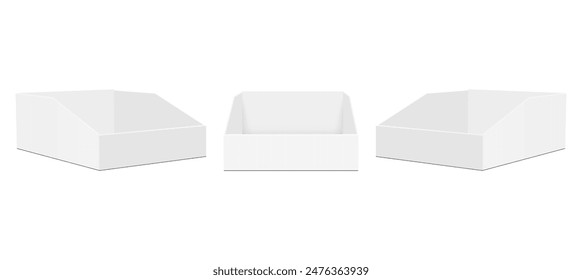 Three Triangular Display Boxes, Front And Side View, Isolated On White Background. Vector Illustration