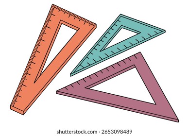 Three triangular rulers with measurement markings are displayed against a white background. One ruler is orange, another is teal, and the third is purple.