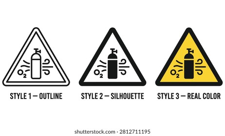 Three triangular warning signs with oxygen tank on white background