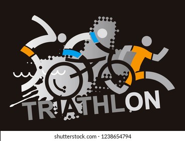 Three triathlon racers, abstract stylized athletes on a black background with inscription TRIATHLON. Vector.