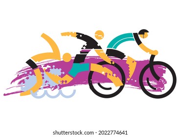 Three Triathlon Racers.
Expressive dynamic drawing Three triathlon athletes on the grunge background. Vector available.
