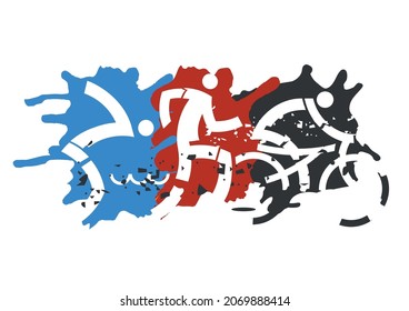 Three Triathlon Racers, icons. Expressive dynamic drawing Three triathlon athletes on the grunge background. Vector available.
