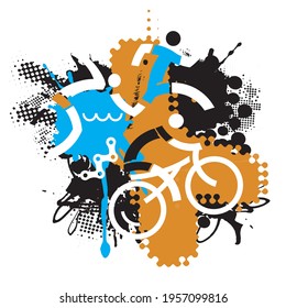 Three Triathlon Racers, Ironman competition. 
Expressive drawing of triathlon athletes symbols on the dynamic grunge background. Vector available.