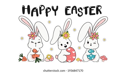 Three triple Spring Easter Bunny Rabbit with Easter egg, carrot and flower, cute doodle cartoon drawing banner