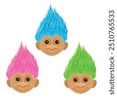 Three trolls with blue green and pink hair