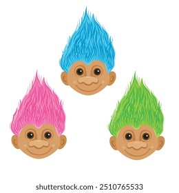 Três trolls com cabelo azul verde e rosa