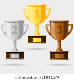 Three trophies are gold, silver and bronze. Vector illustration. Flat design for business financial marketing banking web concept cartoon illustration.