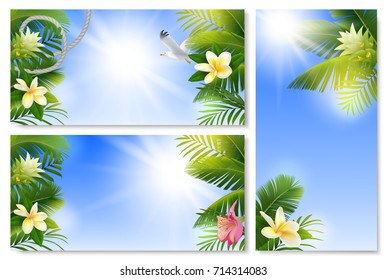 Three tropical backgrounds with palm leaves, exotic flowers (plumeria, turmeric, alstromeria), rope, seagull and blue sky with sun. Vector illustration.