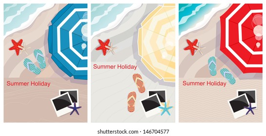 Three Tropical Beach Designs With Copyspace And An Overhead View Of A Colourful Beach Umbrella, Slip-slops, Starfish And Empty Instant Photo Frames, Conceptual Of A Summer Vacation And Travel