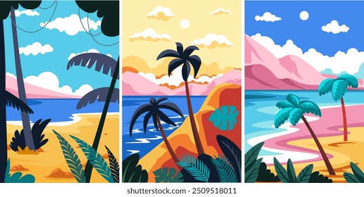 Three tropical beach scenes with palm trees and colorful backgrounds. Vector illustrations isolated on white background, great for vacation and travel promotions.