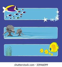 three tropical fish banners no text indicate sea world creatures
