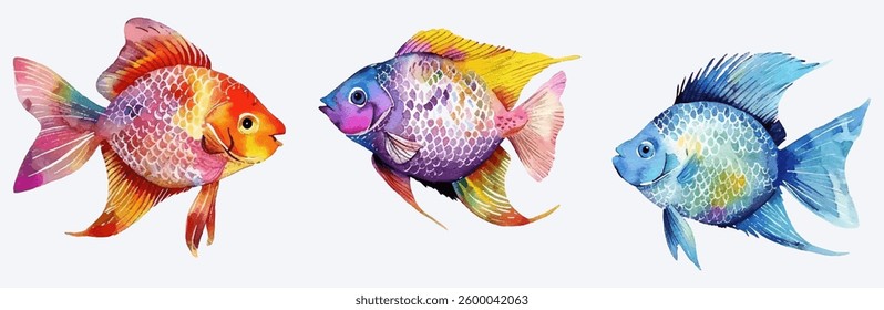 Three tropical fish vector illustration in mesmerizing blend of colors. Blue res purple decorative aquarium fishes.