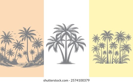 Three Tropical Palm Tree Silhouettes Depicting Varied Coastal Landscapes, Including an Island Scene, and Dense Palm Grove on a Pastel Background