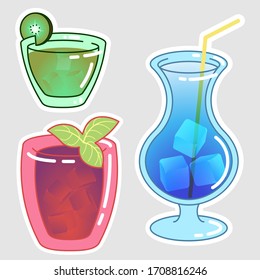 Three tropical party cocktails in vector. Stickers with three different celebration drinks in vector. Purple mint cocktail sticker, kiwi cocktail sticker, blue icy cocktail with tube sticker.