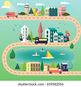 Three trucks on a road connecting three cities on a sunny day. Vector illustration