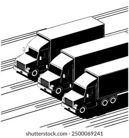 Three trucks are parked in the motor pool. Vector black and white silhouette of transport in isometry