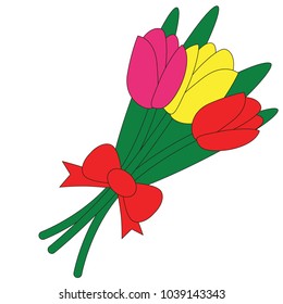 Three Tulip Bouquet cartoon. Outlined illustration with thin line black stroke