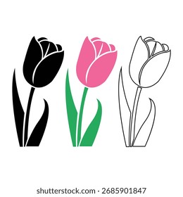 Three tulip variants are displayed; one is a black silhouette, one is colored pink, and one is presented as a simple black outline on a white background.