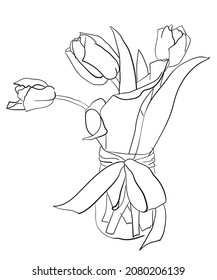 Three tulips with a bow stand in a jar of water. Silhouette drawing.
