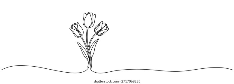 Three tulips. Flowers. Continuous line Editable stroke