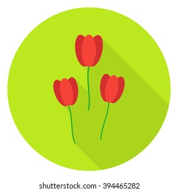 Three Tulips Garden Flowers Circle Icon. Flat Design Vector Illustration with Long Shadow. Spring Nature and Floral Symbol.