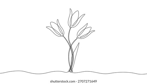 Three tulips on stems in continuous one line art style. Flower bouquet sketch with editable black stroke on white background. Vector illustration.