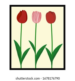 three tulips in the picture frame,tulips and the leaves on a light yellow background in the picture frame,vector illustor,for interior decoration,the picture frame is black,the tulip is a minimal styl