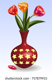 Three tulips red, pink, orange in a graceful vase with painted stars. Vector illustration of beautiful vase with tulips is isolated on white background