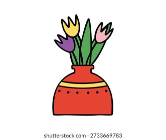 Tres tulipanes en jarrón, estilo de garabato dibujado a mano acogedor. Ilustración vectorial.