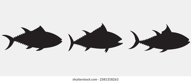 Three tuna fish silhouettes in a row, emphasizing their sleek, streamlined bodies and distinct fins. Ideal for seafood, fishing, marine life, or nautical-themed designs