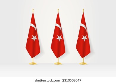 Three Turkey flags in a row on a golden stand, illustration of press conference and other meetings. Vector illustration.