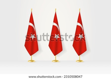 Three Turkey flags in a row on a golden stand, illustration of press conference and other meetings. Vector illustration.