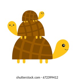 Three Turtle tortoise pyramid Cute cartoon character family set. Father, mother, baby. Pet animal collection. Education cards for kids. Isolated White background Flat design Vector illustration