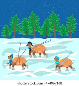 Three turtles in the hat, the boots and the skis are on the snow field and forest